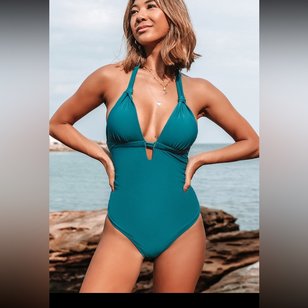 CUPSHE Teal Blue Plunged One Piece Swimsuit NWOT